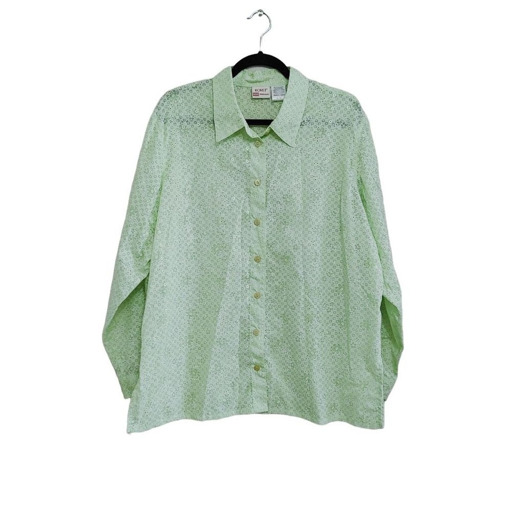 Koret Vintage Women's Floral Eyelet Patterned Button Up Blouse  Size XL Green